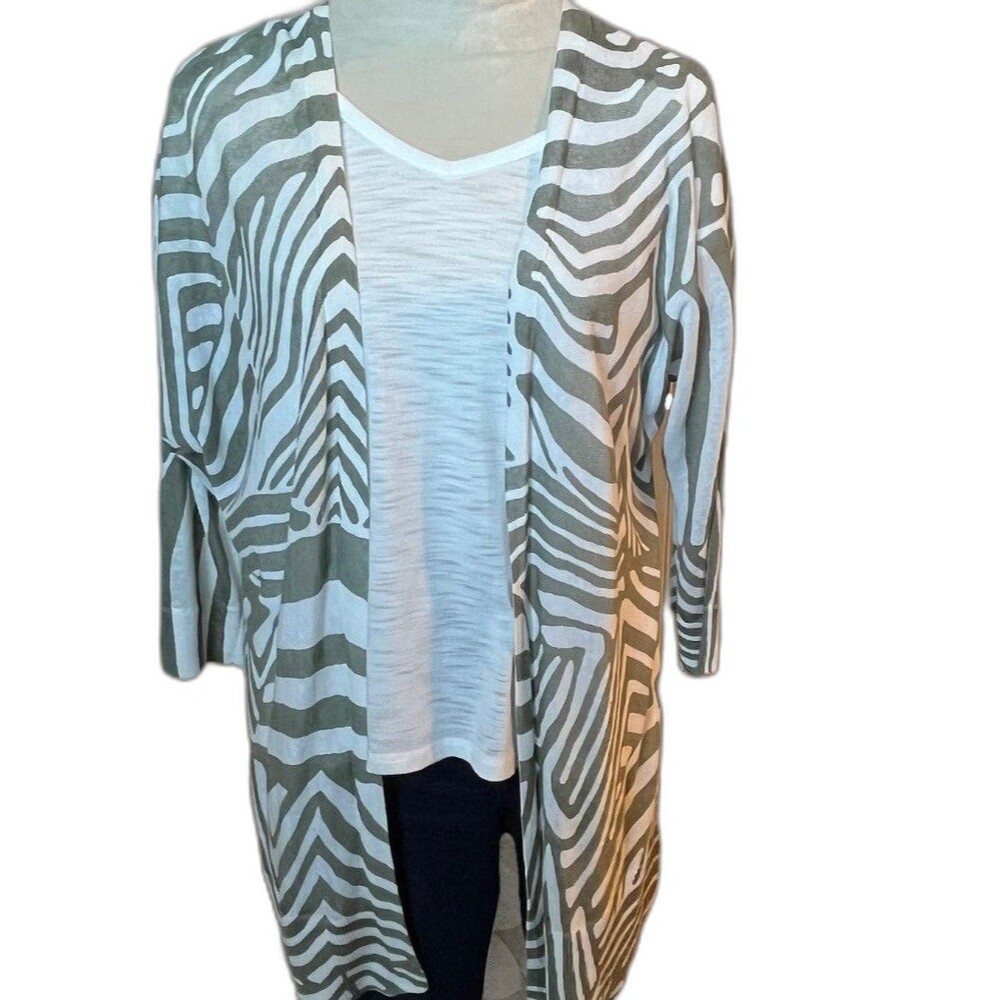 Chico Size 2 Green White Open Front Cardigan Linen Cotton Long Sleeves Large/12